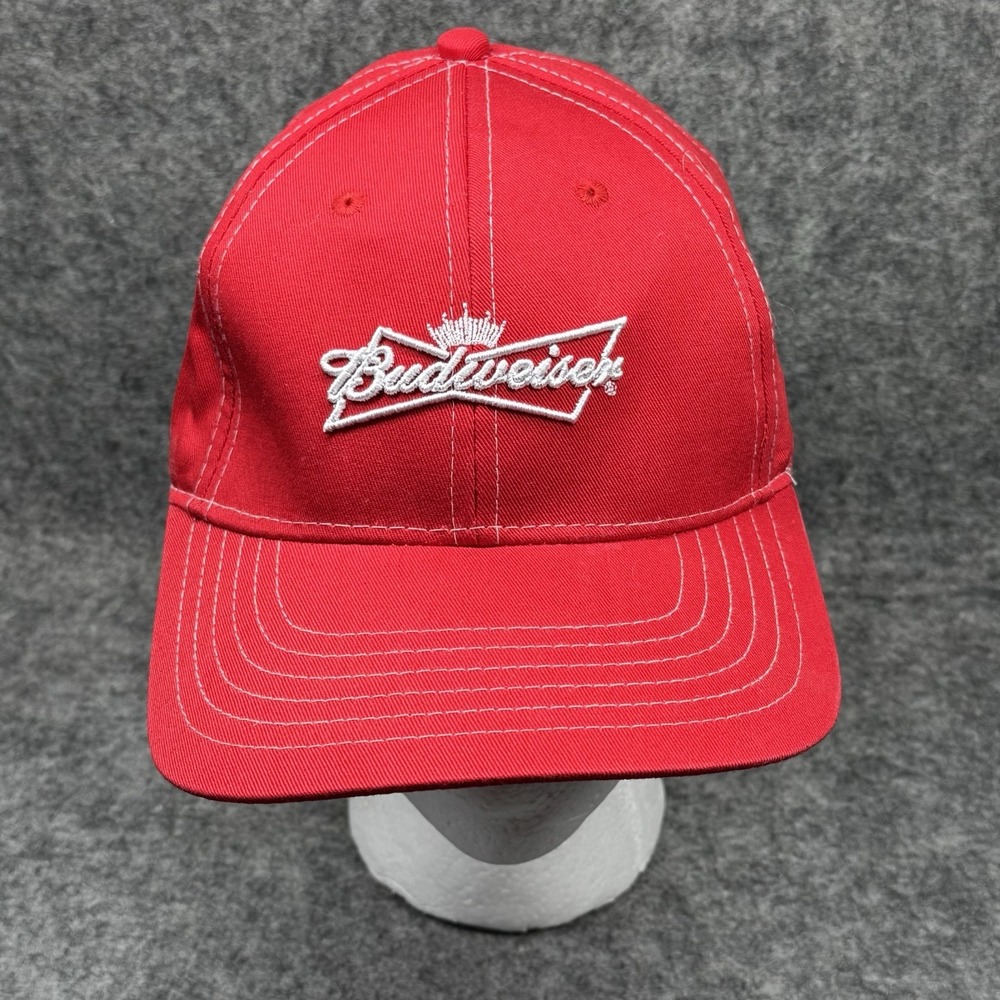Budweiser Logo Stitch Red Strap Back Cap Trucker Baseball Hat Red White Beer‎